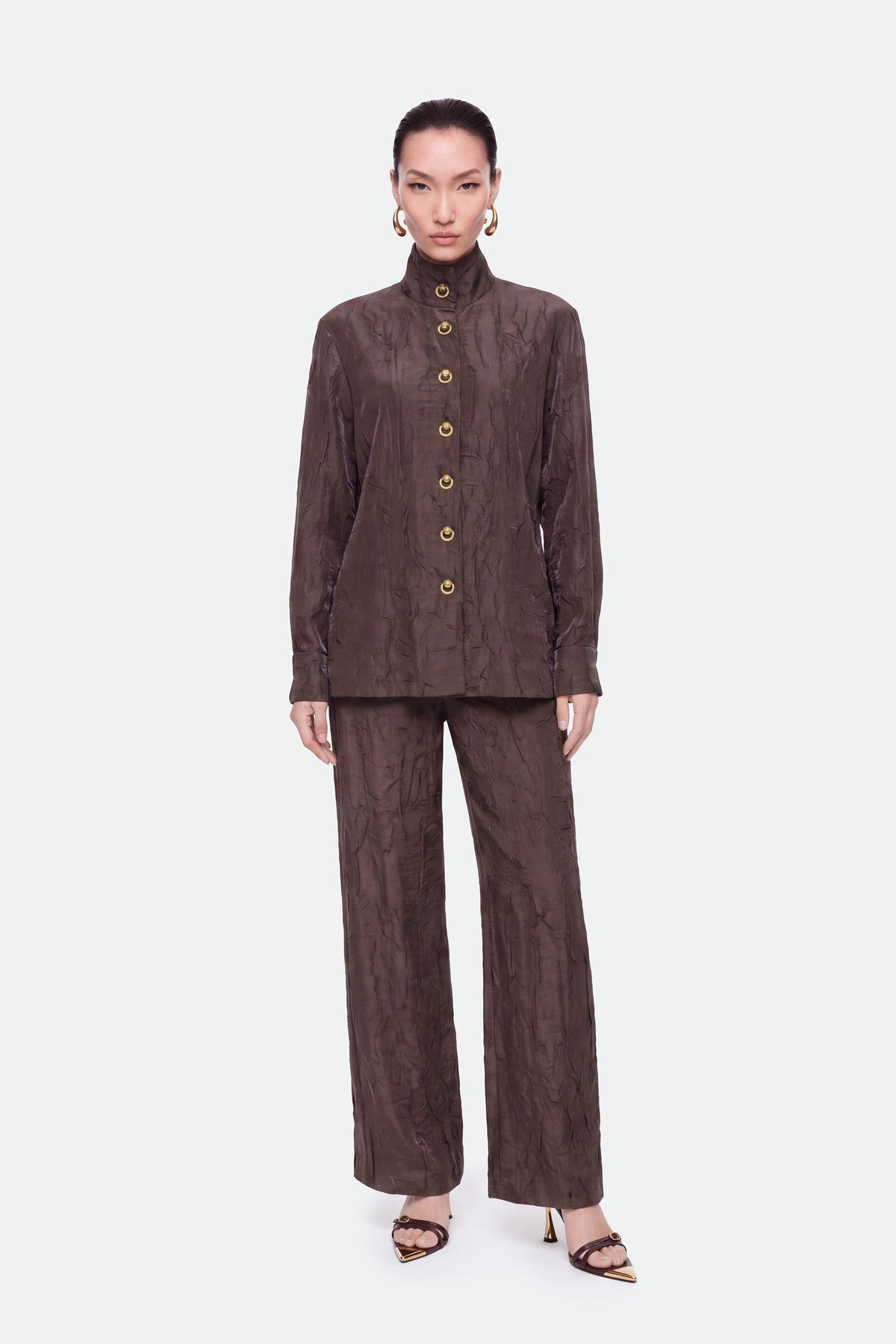 Crinkle Effect Stand Collar Shirt