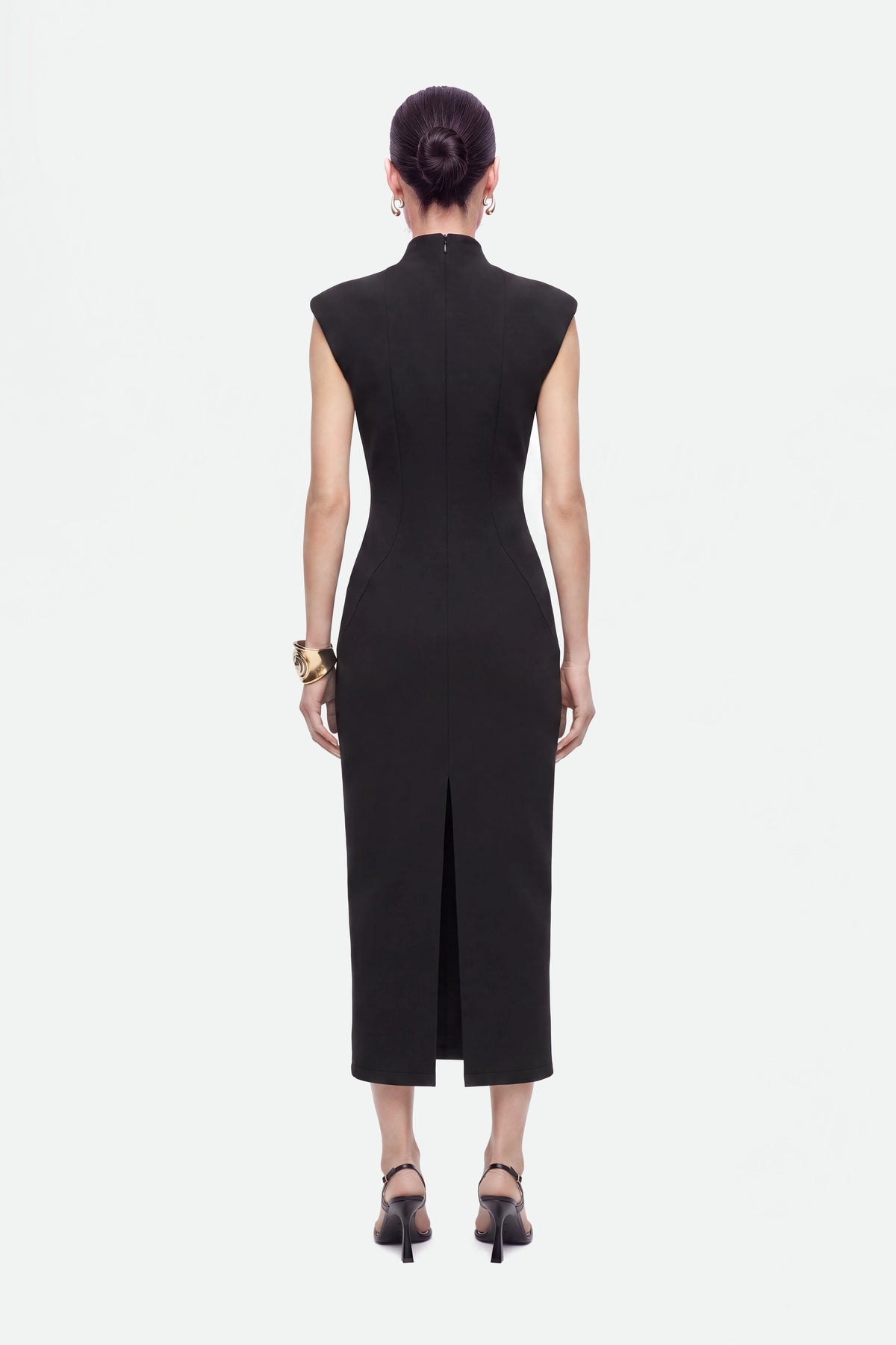 Padded Shoulder Button Detail Maxi Dress