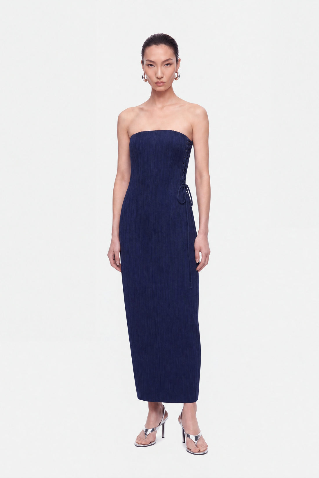 Strapless Lace-Up Midi Dress