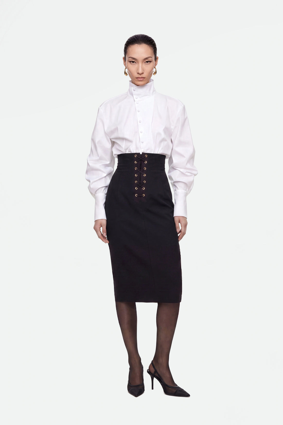 Eyelet Detail High Waist Midi Skirt