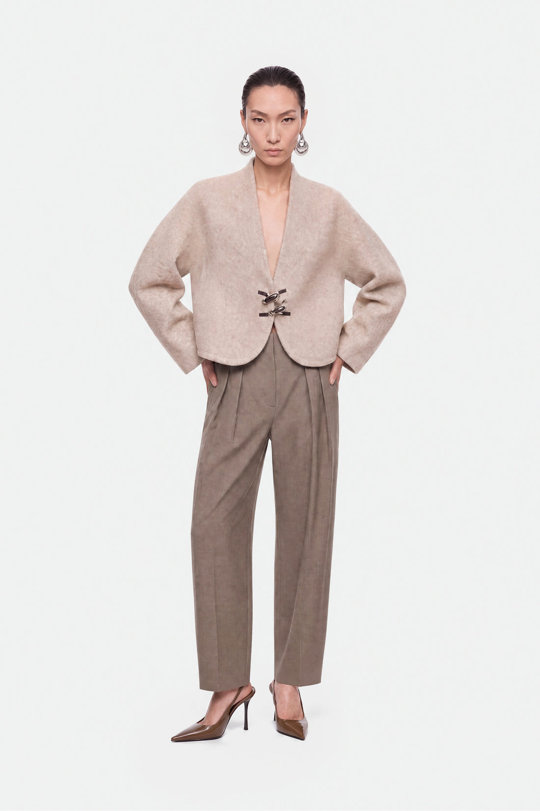 Clasp Front Cropped Wool Blend Jacket