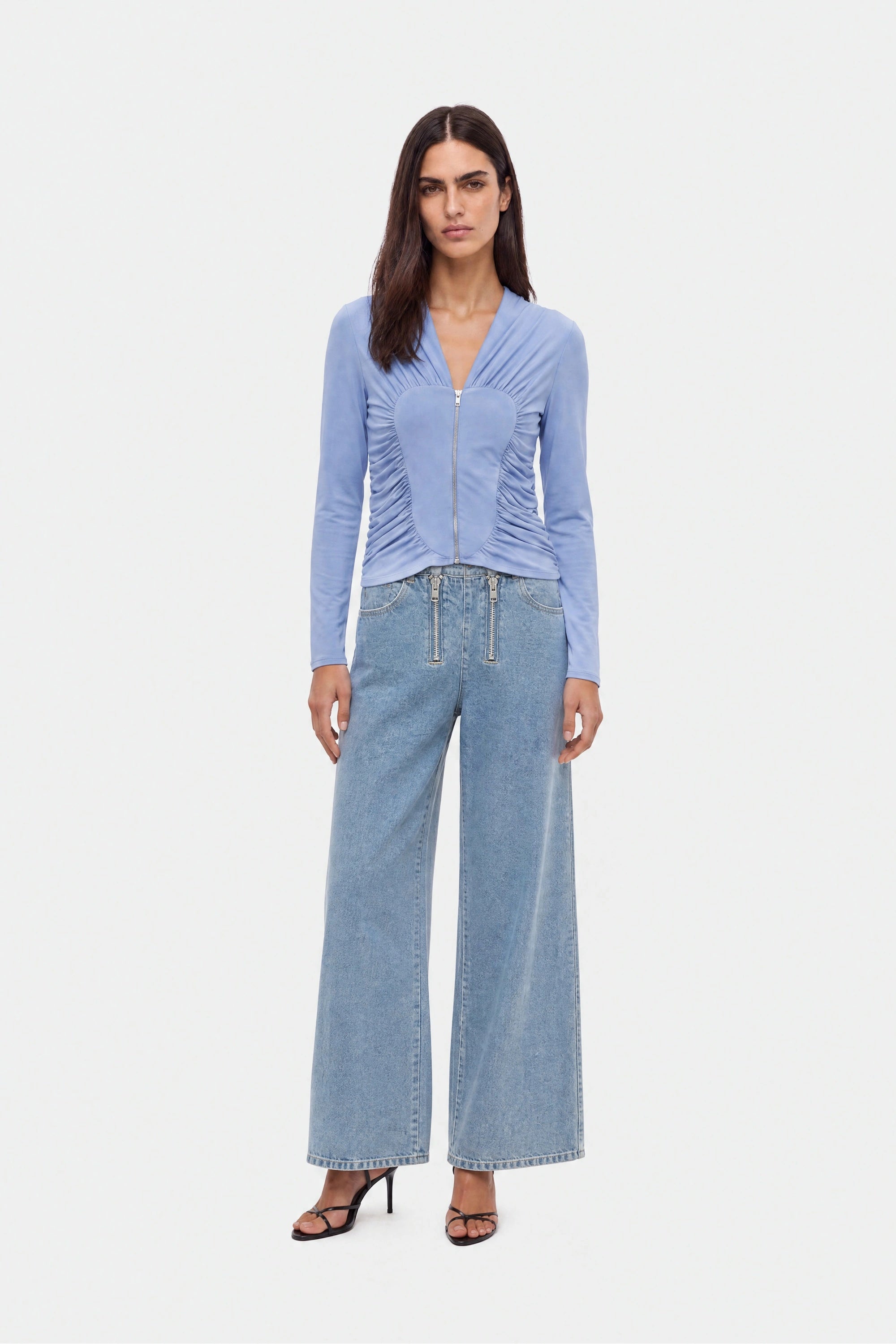 Ruched Metal Zip Blouse