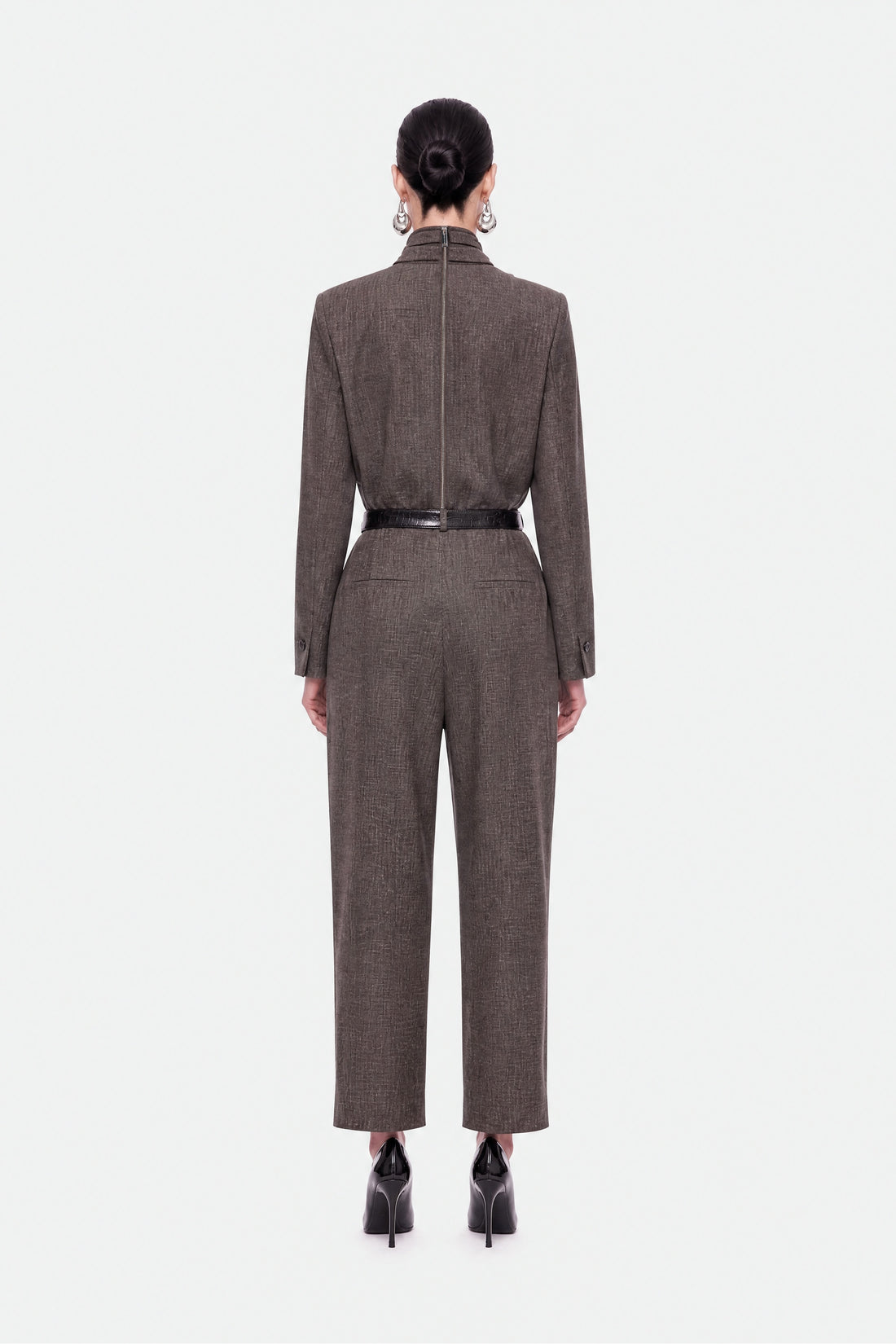 Padded Shoulder Stand Collar Blouse
