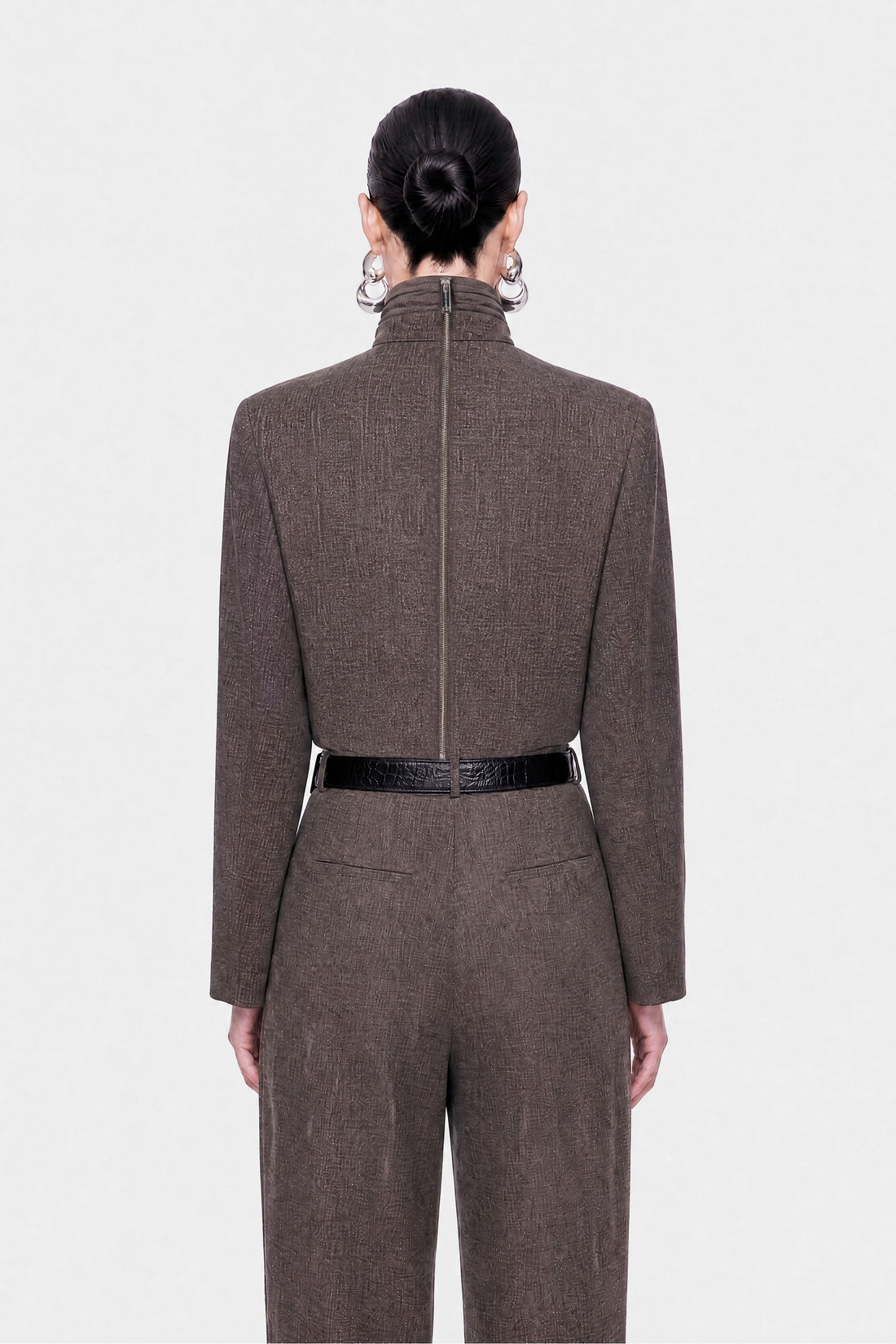 Padded Shoulder Stand Collar Blouse