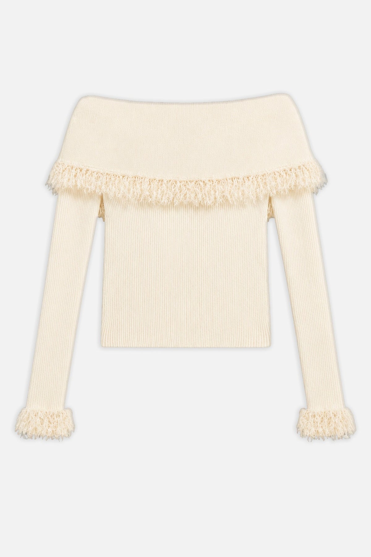 Fringed Collar Off-Shoulder Cardigan