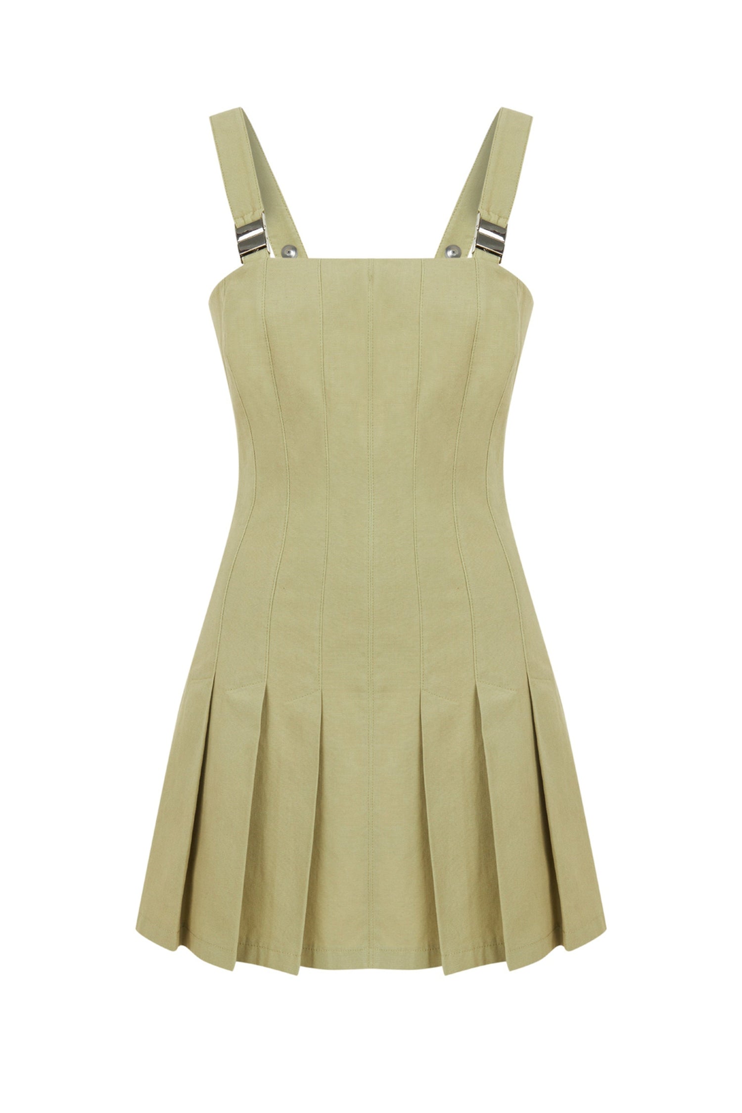 Olive Green Pleated Accesory Detailed Mini Dress