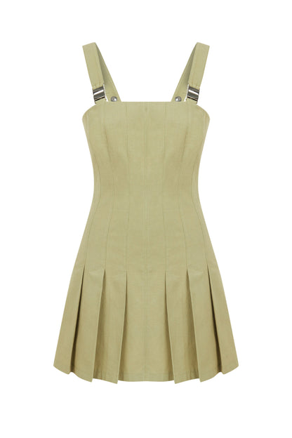 Olive Green Pleated Accesory Detailed Mini Dress