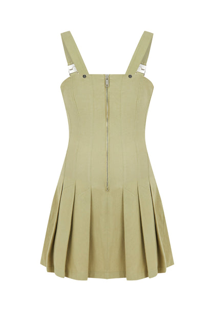 Olive Green Pleated Accesory Detailed Mini Dress