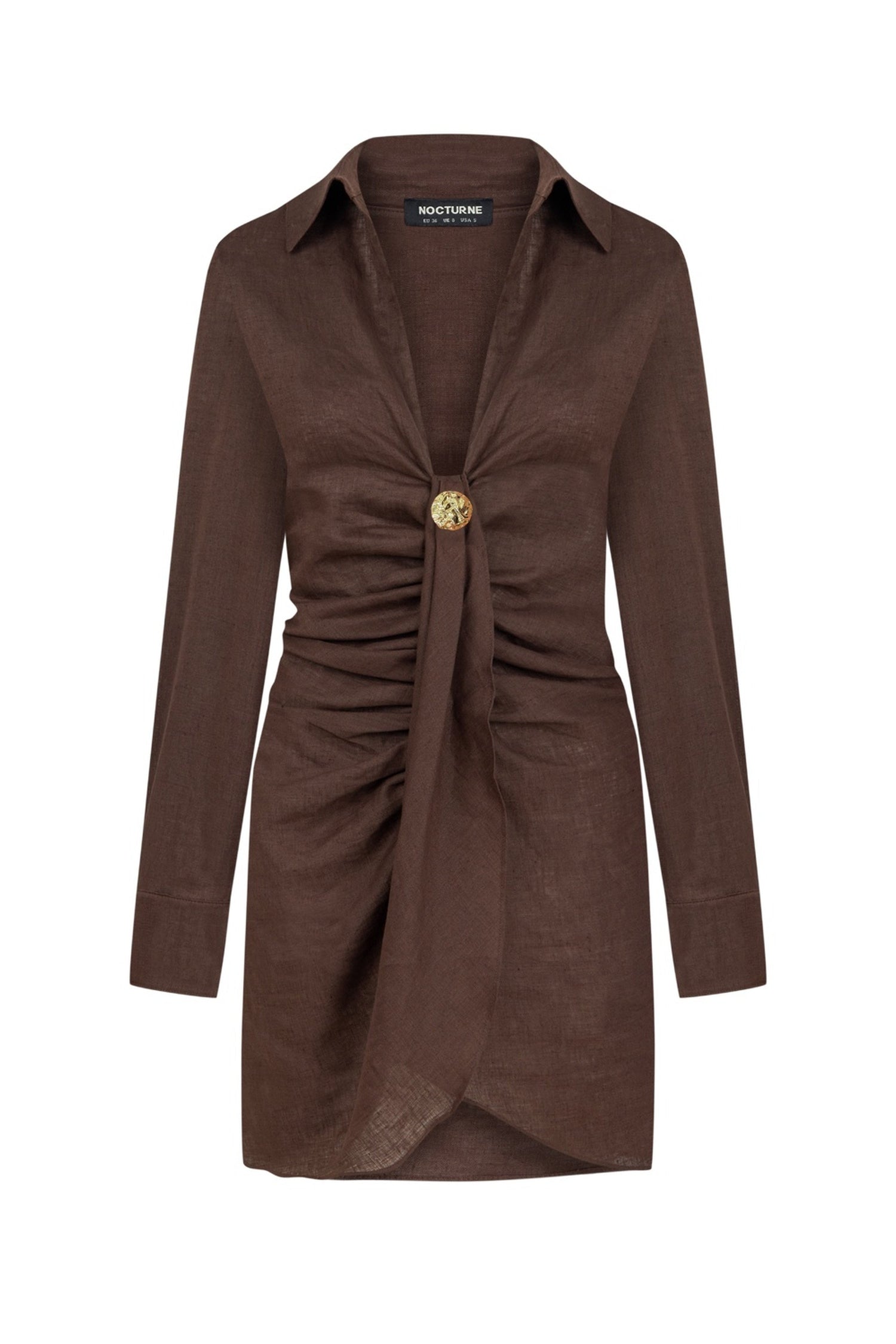 Coffee Linen Mini Dress with Accessory Detail