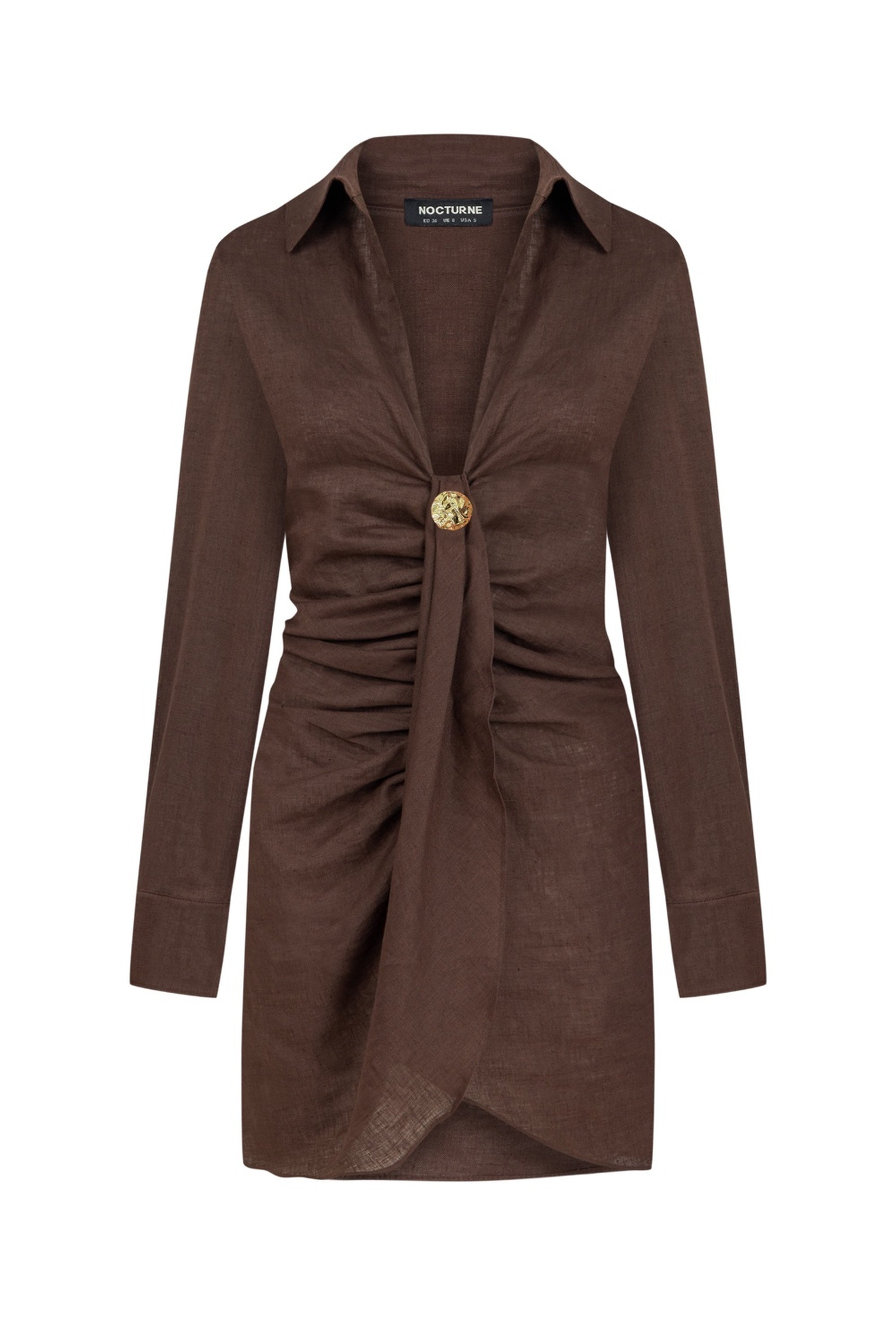 Coffee Linen Mini Dress with Accessory Detail