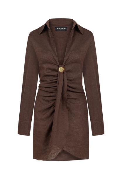 Coffee Linen Mini Dress with Accessory Detail