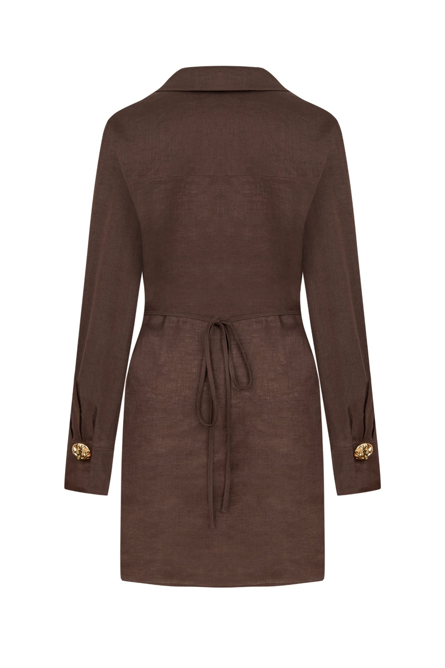 Coffee Linen Mini Dress with Accessory Detail