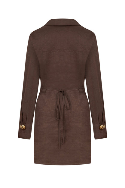 Coffee Linen Mini Dress with Accessory Detail