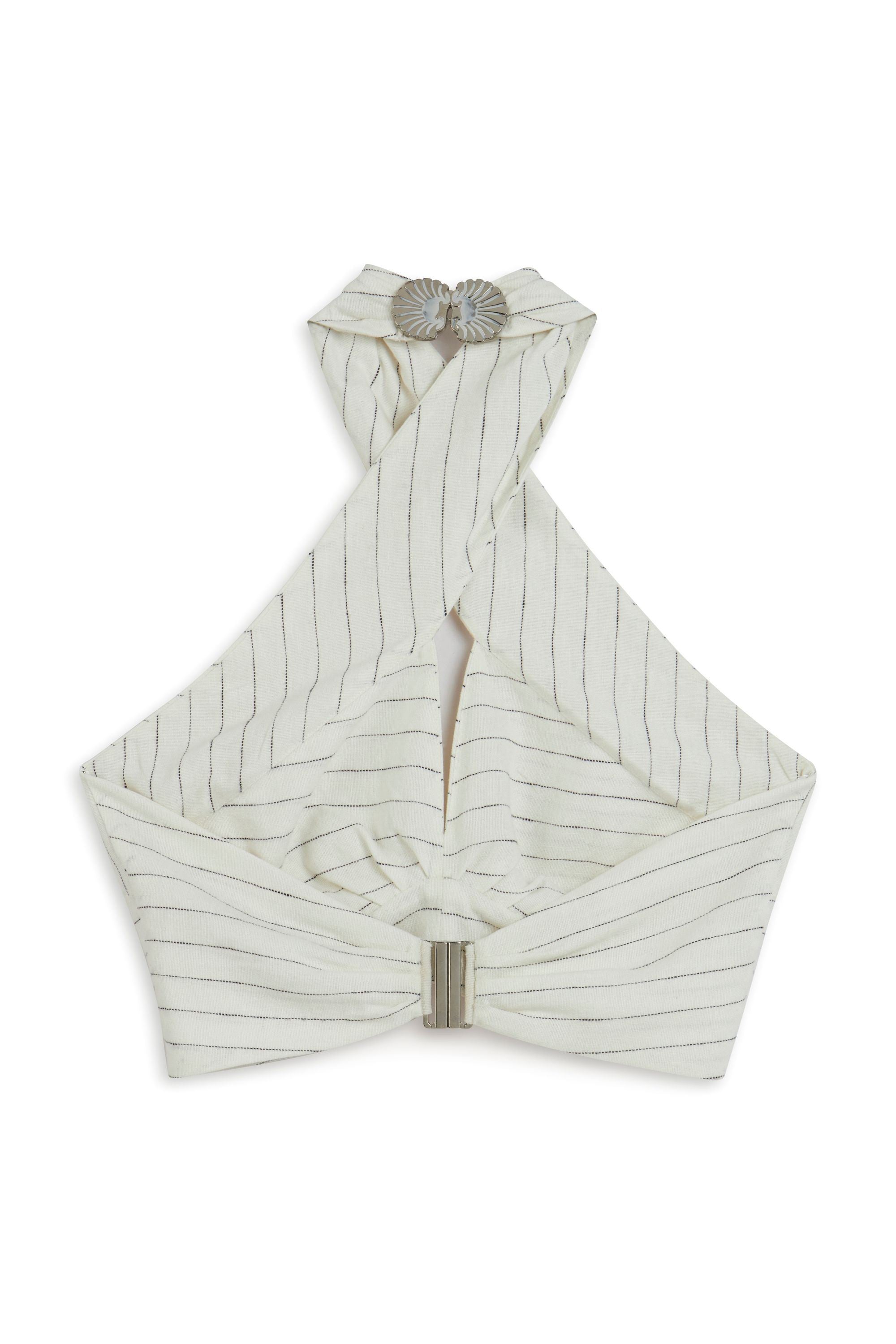 Ecru Linen Blend Halter Neck Blouse with Tie Detail