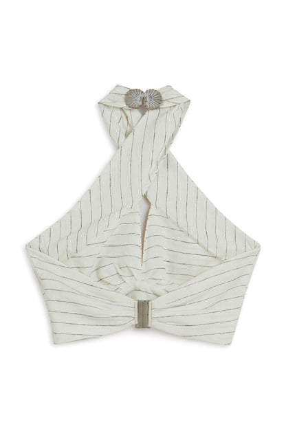 Ecru Linen Blend Halter Neck Blouse with Tie Detail