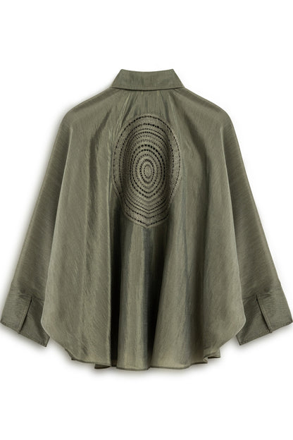 Khaki Embroidered Flowy Shirt