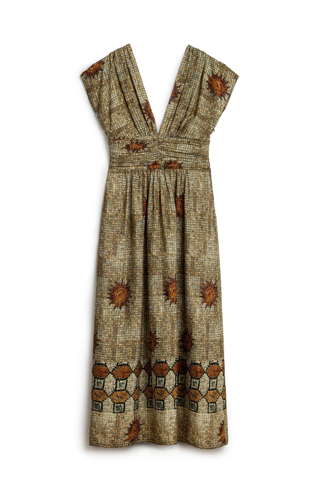 Patterned V-Neck Gathered Maxi Dress