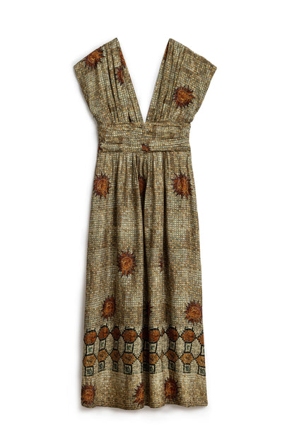 Patterned V-Neck Gathered Maxi Dress