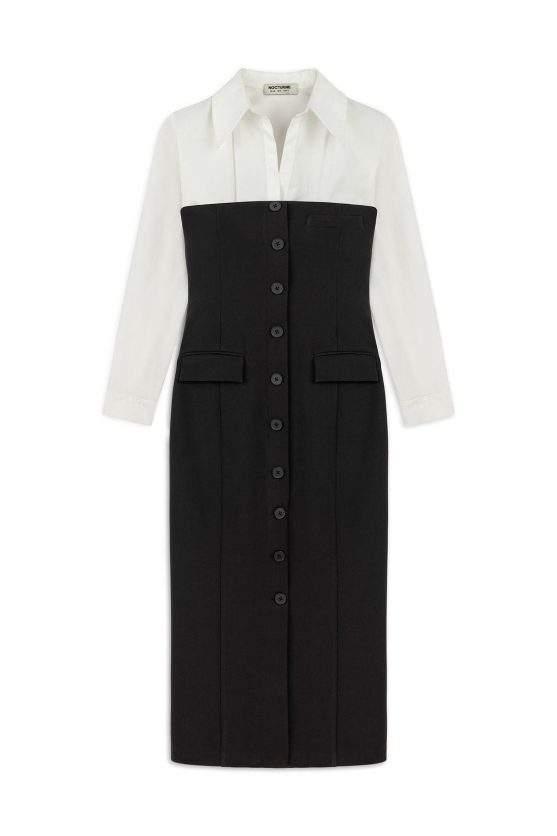 Black and White Shirt Detail Midi Dress
