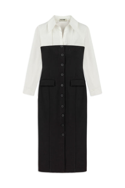 Black and White Shirt Detail Midi Dress