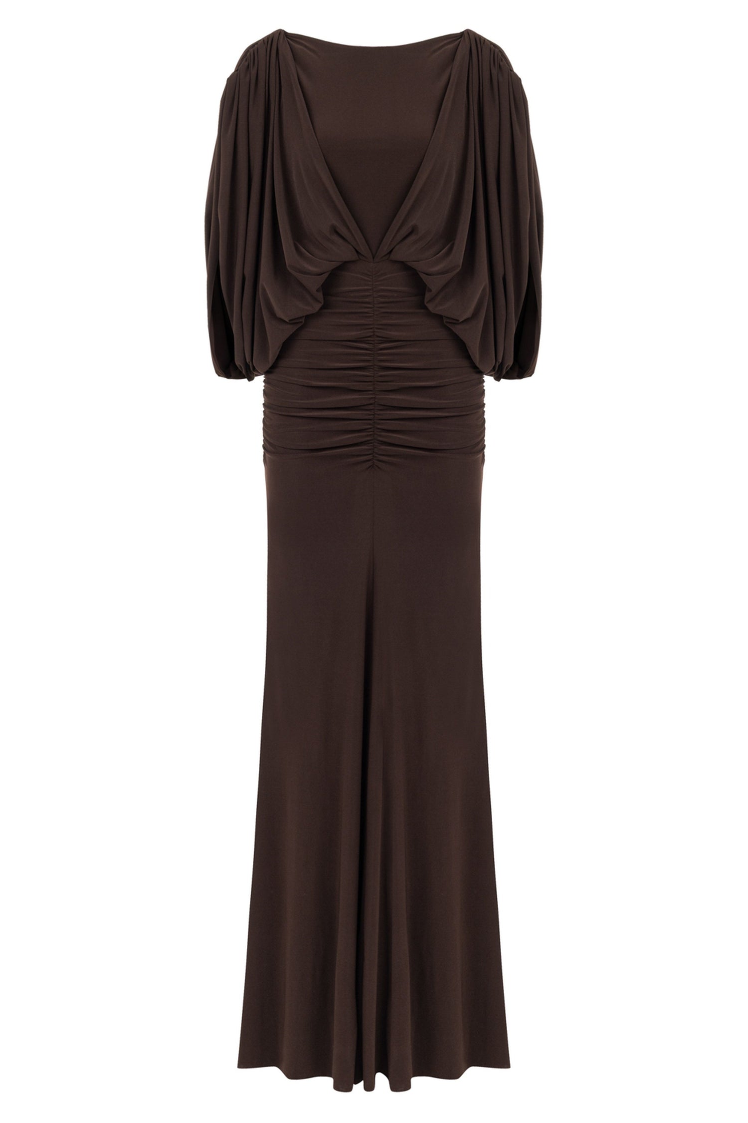 Coffee Boat Neck Draped Maxi Dress