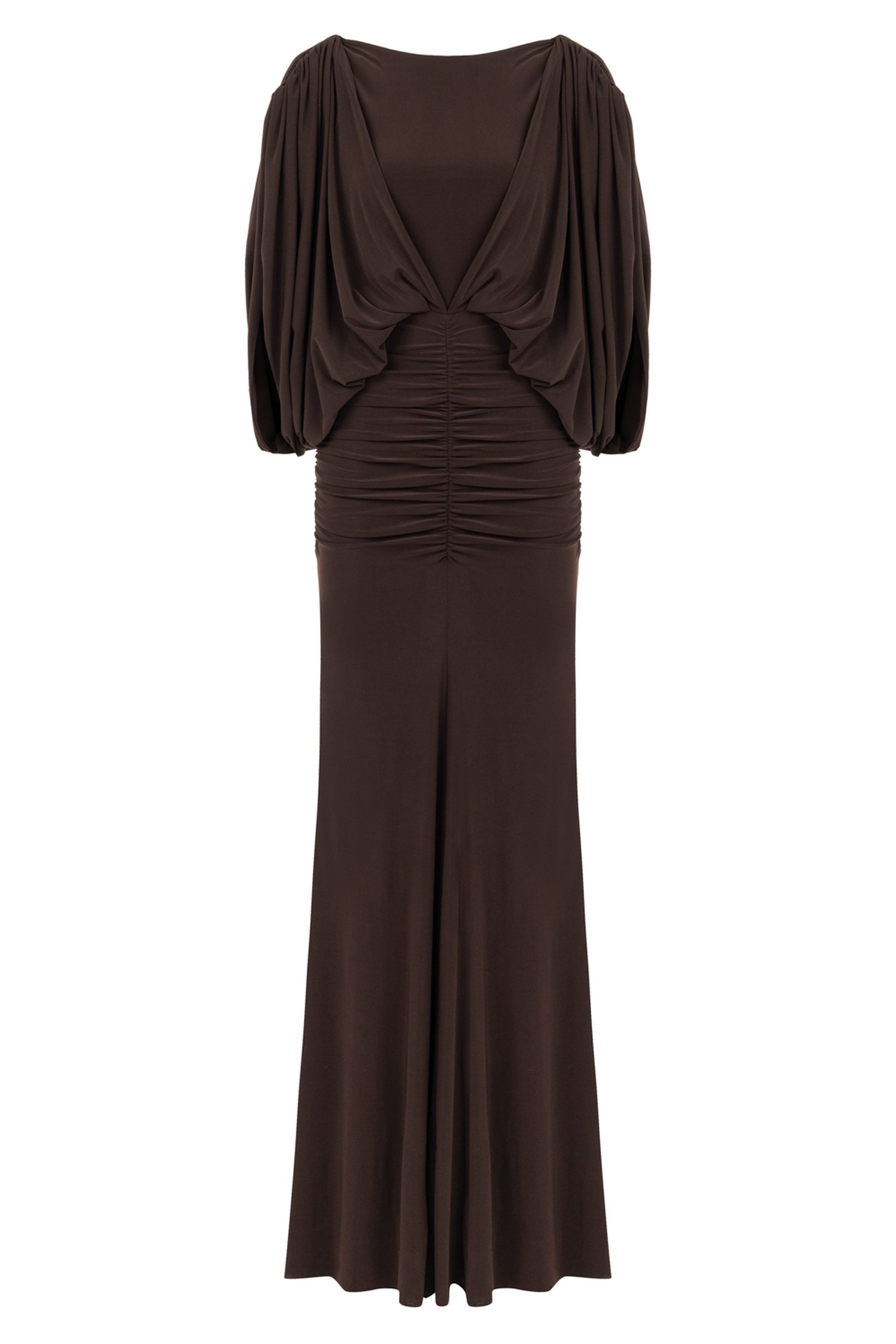 Coffee Boat Neck Draped Maxi Dress
