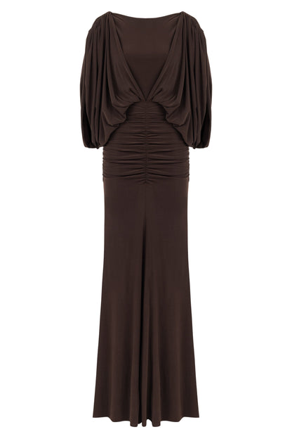 Coffee Boat Neck Draped Maxi Dress