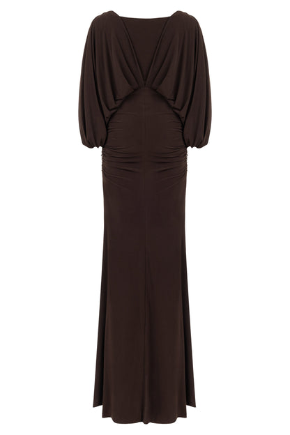 Coffee Boat Neck Draped Maxi Dress