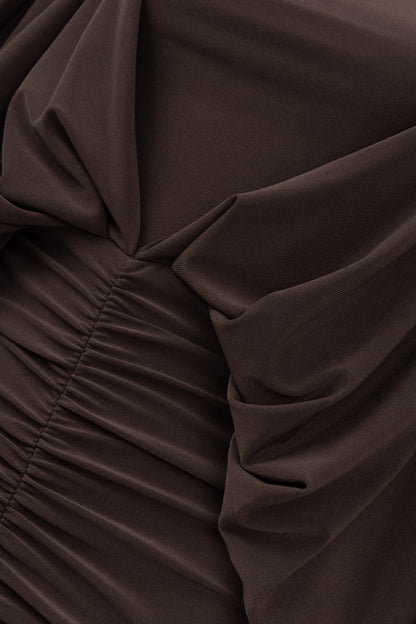 Coffee Boat Neck Draped Maxi Dress