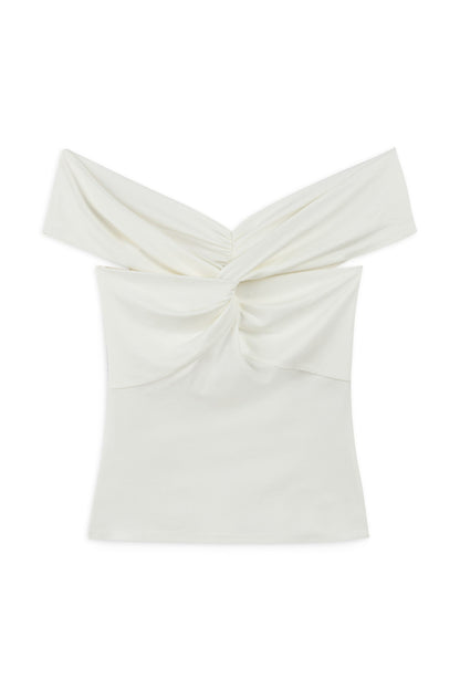 Ecru Twist Detail Open Shoulder Blouse