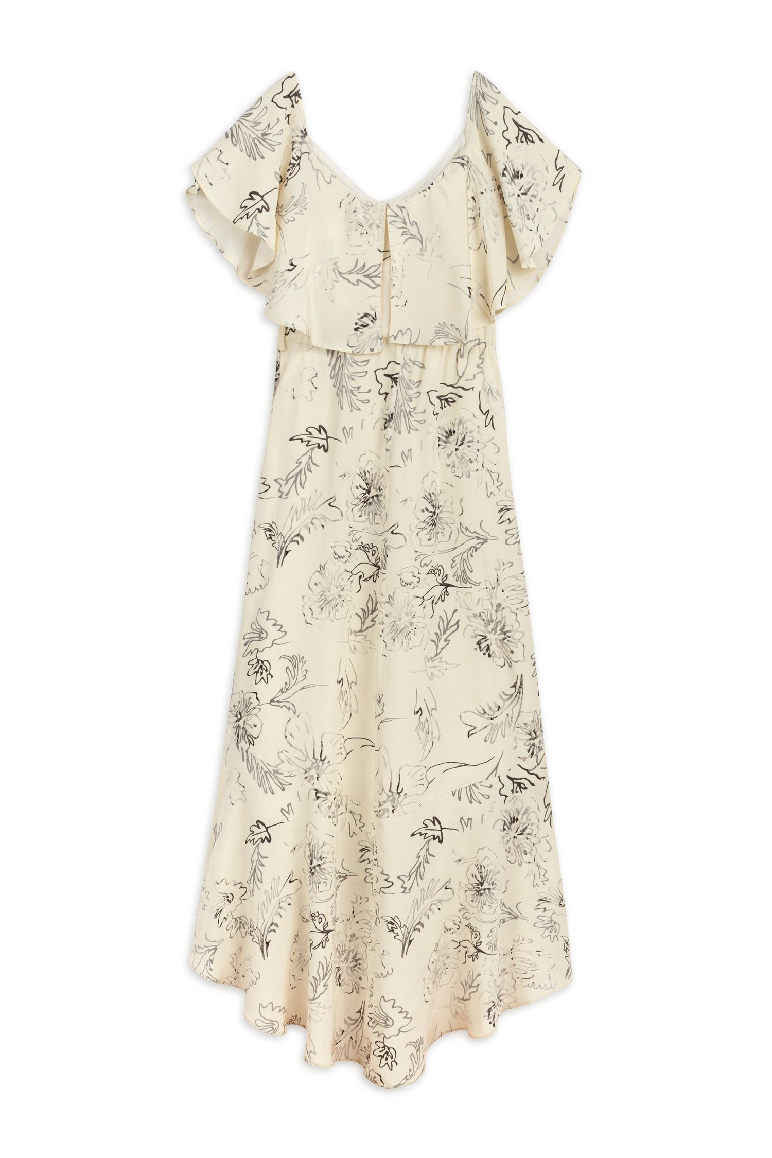 Ecru Floral Patterned Midi Dress with Sash Tie