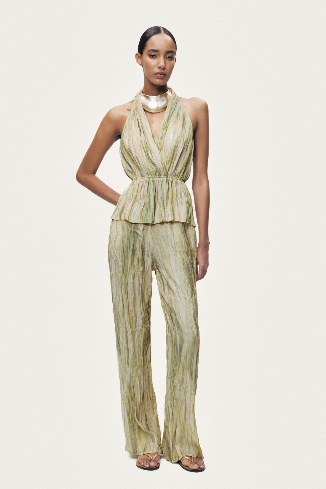 Printed Halterneck Peplum Top with Ring Chain Back Detail