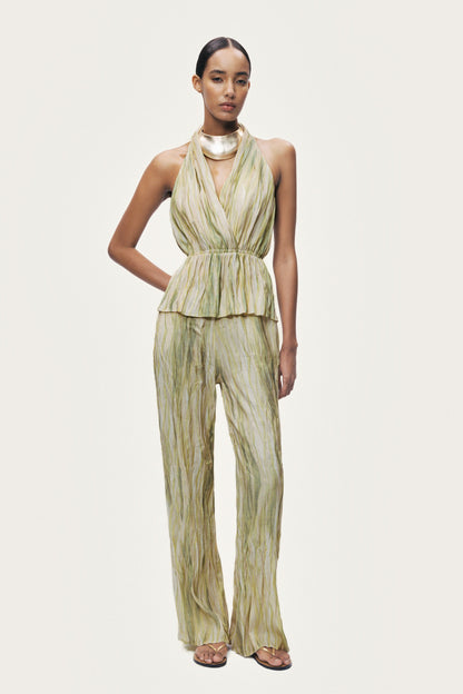 Printed Halterneck Peplum Top with Ring Chain Back Detail