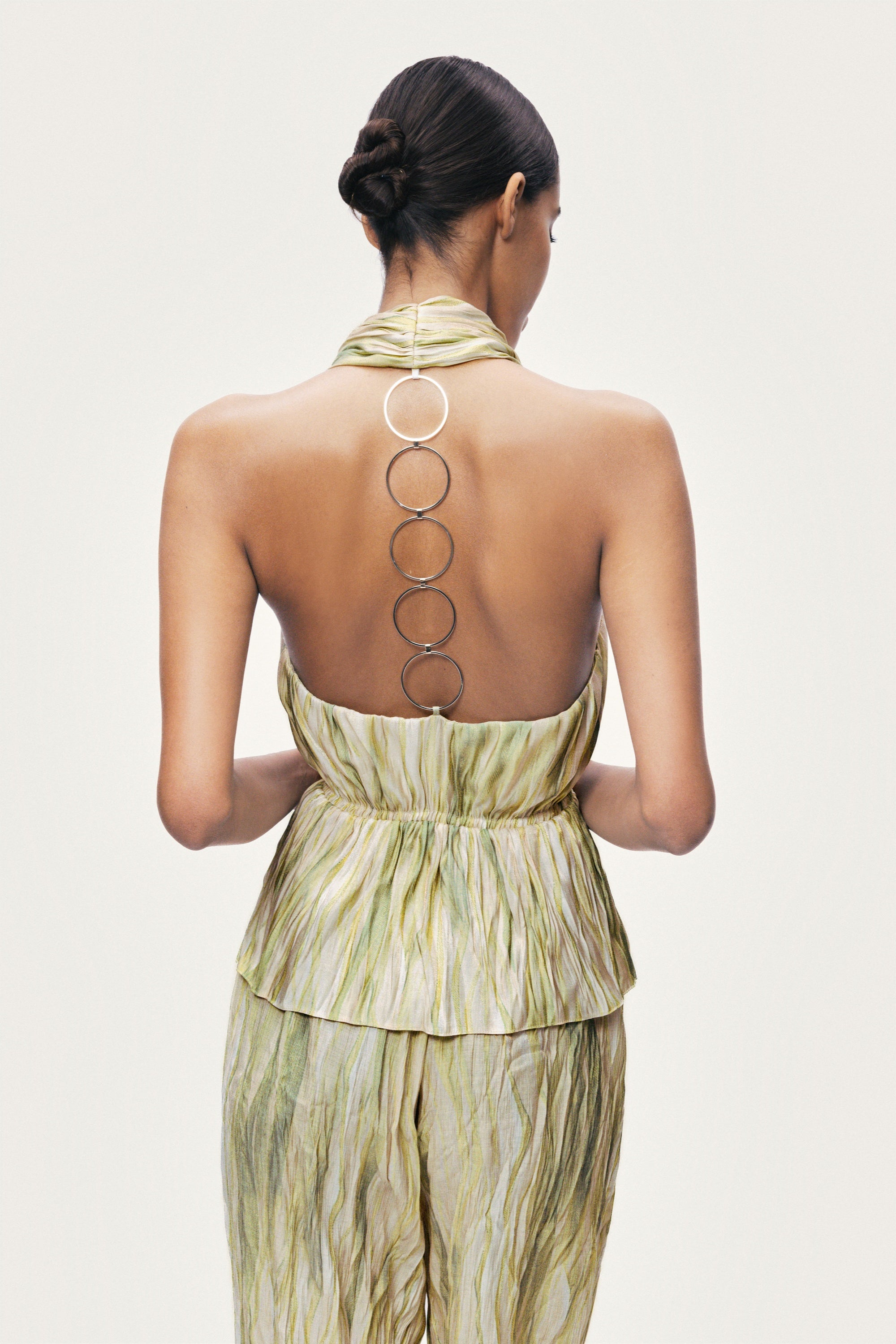 Printed Halterneck Peplum Top with Ring Chain Back Detail