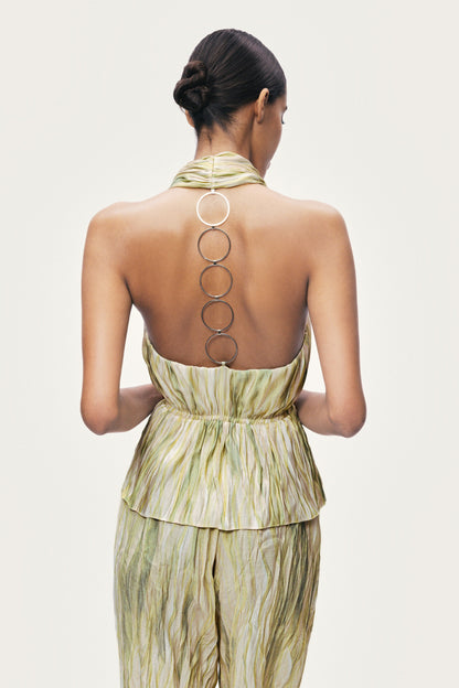 Printed Halterneck Peplum Top with Ring Chain Back Detail