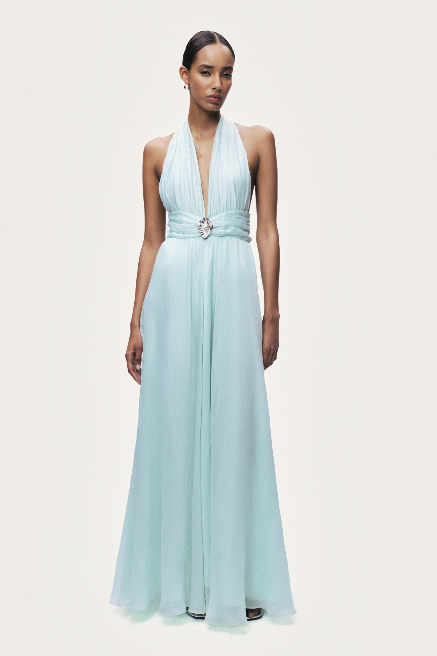 Pleated Halterneck Maxi Dress with Brooch Detail