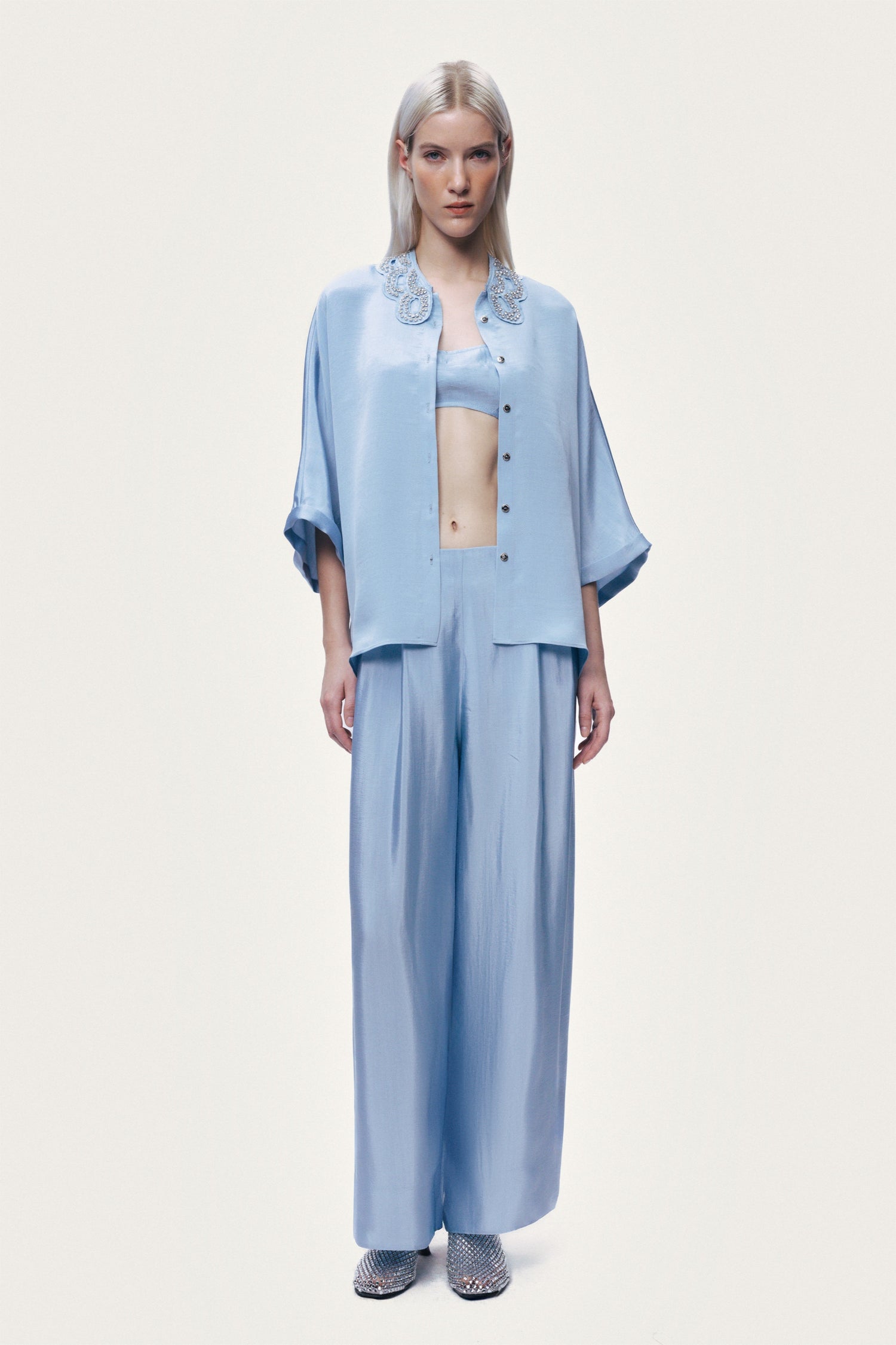 Blue Wide Leg Pleat Front Trousers