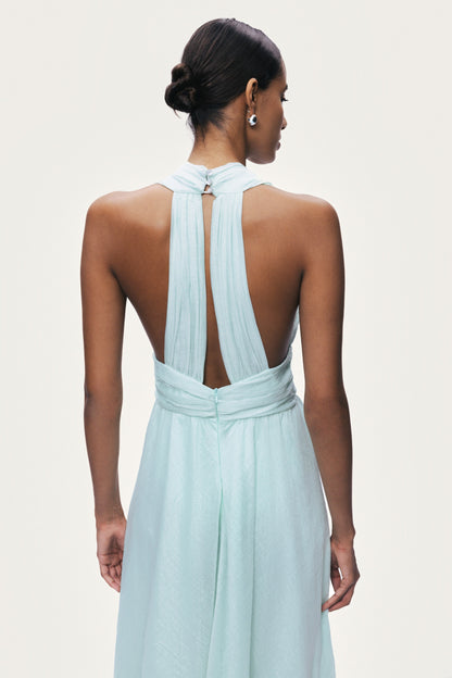Pleated Halterneck Maxi Dress with Brooch Detail