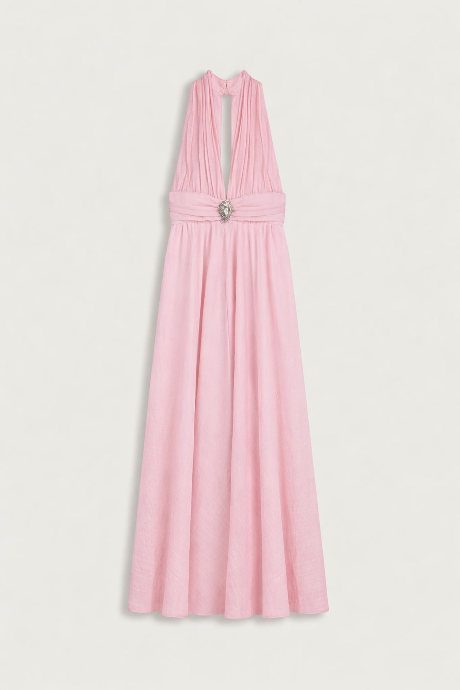 Pleated Halterneck Maxi Dress with Brooch Detail