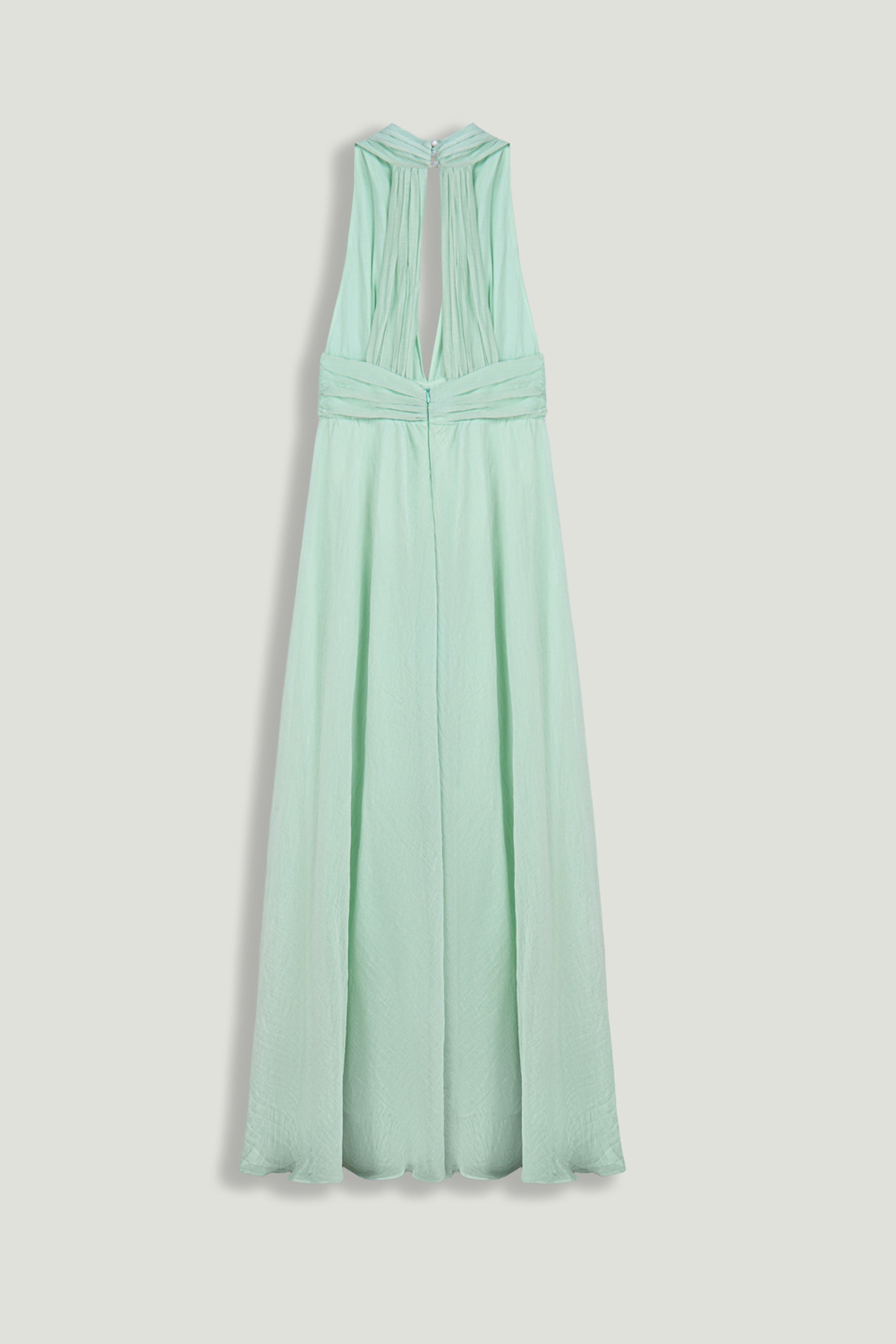 Pleated Halterneck Maxi Dress with Brooch Detail