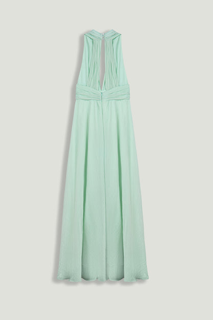 Pleated Halterneck Maxi Dress with Brooch Detail