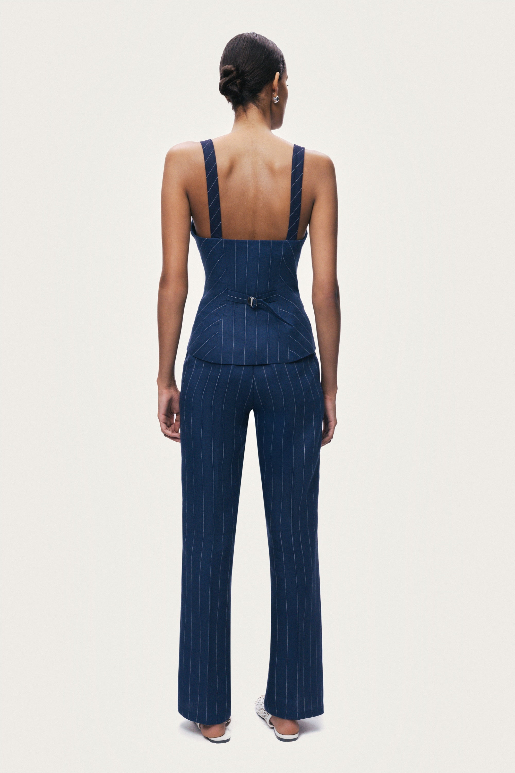 Navy Pinstripe Wide Leg Trousers