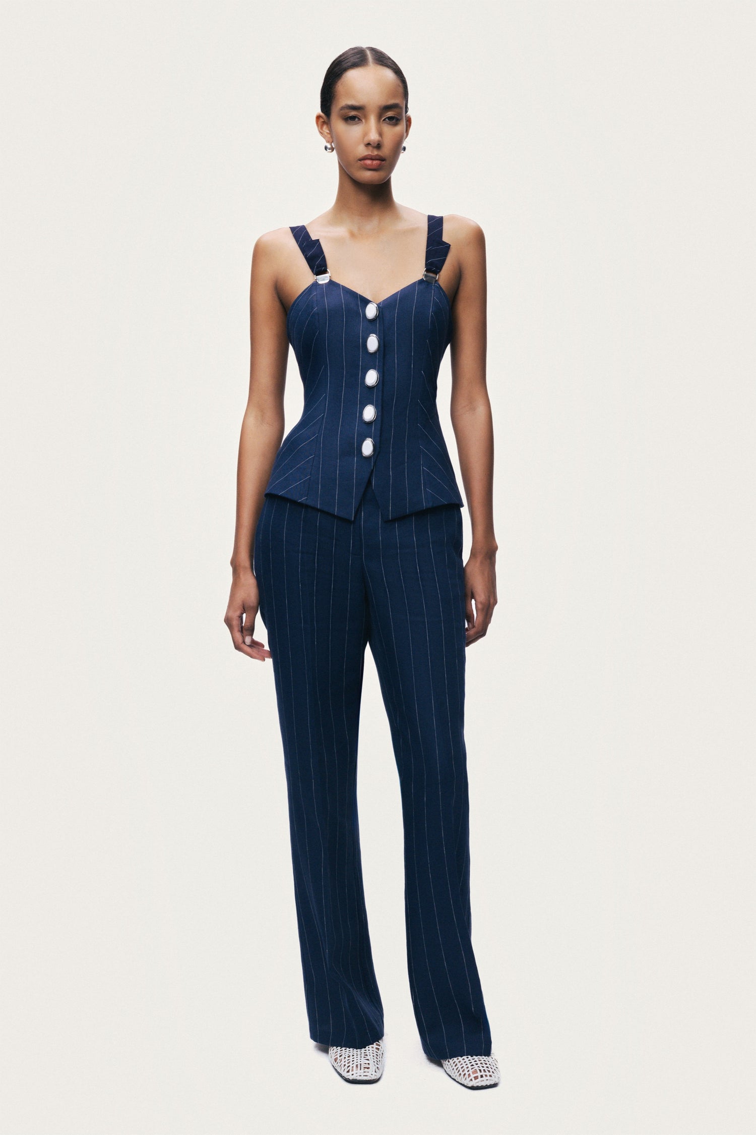 Navy Pinstripe Wide Leg Trousers