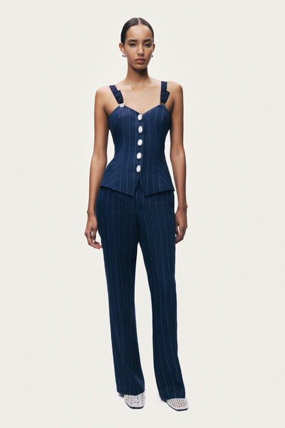 Navy Pinstripe Wide Leg Trousers