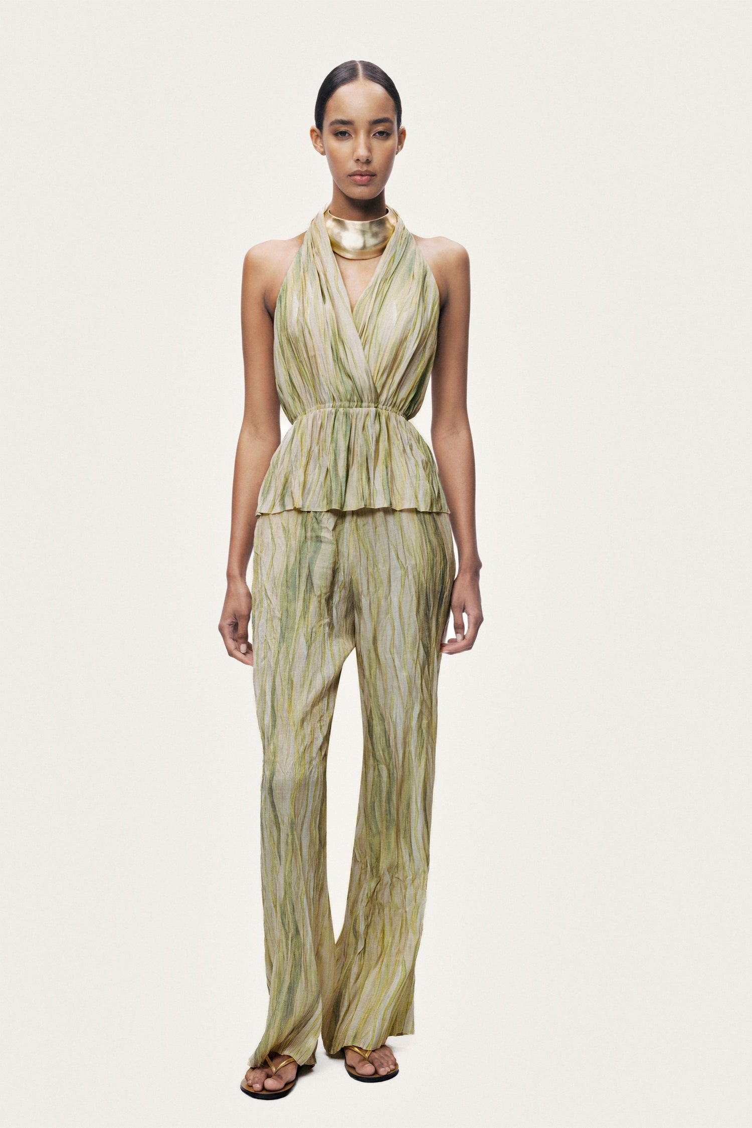 Printed Halterneck Peplum Top with Ring Chain Back Detail