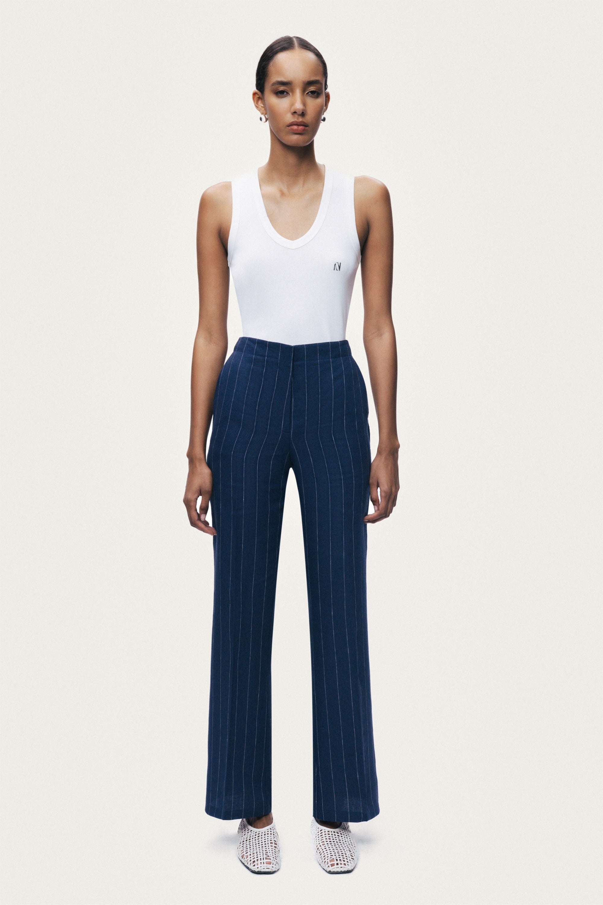 Navy Pinstripe Wide Leg Trousers